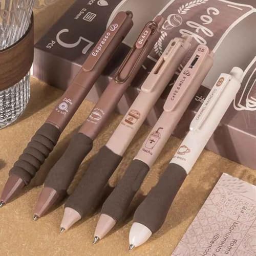 Image of Coffee Blue Gel Pen Set of 5 Soft Grip Retractable Aesthetic Kawaii Japanese Cute Gel Pens Fancy Cool Best Stationery Gel Pens for School Office Writing