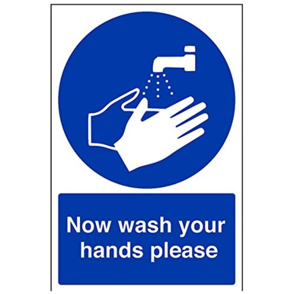 V Safety Now Wash Your Hands Please Sign - Portrait - 200mm x 300mm - Self Adhesive Vinyl Blue