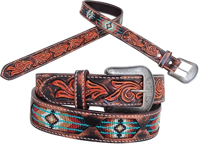 Colorful Designs Cowboy Western Handmade Beaded Men's Leather Belt Quality Thick Durable Wax Style Alloy Classic Fitted Casual Formal Wear in Pant Trouser Jeans Size: Waist 31-34in - Length 39in