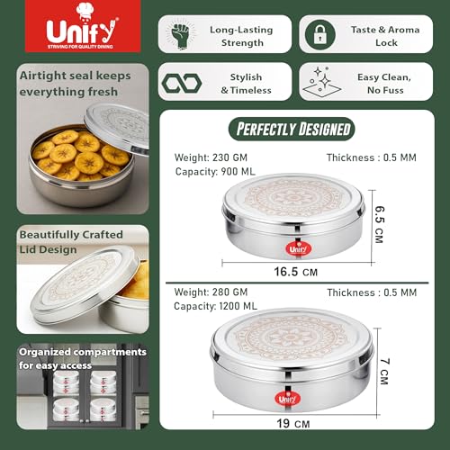 Image of Unify 2 Pieces Stainless Steel Puri Dabba Set | Flat Canisters (900ML, 1200ML) | Airtight Dry Fruit, Masala, Snacks & Sweet Storage Containers | Premium Kitchen Storage & Gift Set