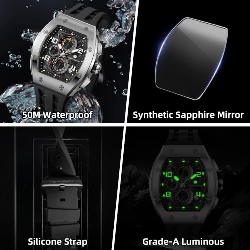 Image of TSAR BOMBA Men's Luxury Quartz Watch, Luminous Dial 5ATM Water Resistance Silicone Strap Men's Wristwatch Ideal Gift for Men
