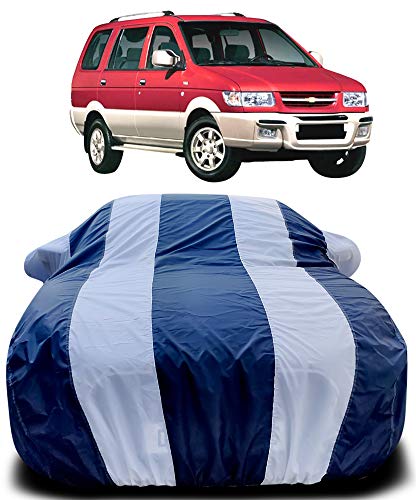 Image of PURPLEHEART Car Body Cover Compatible with Chevrolet Tavera with Mirror Pocket Triple Stitched Bottom Elastic Water Resistant UV Protection & Dustproof Car Cover-Blue & White