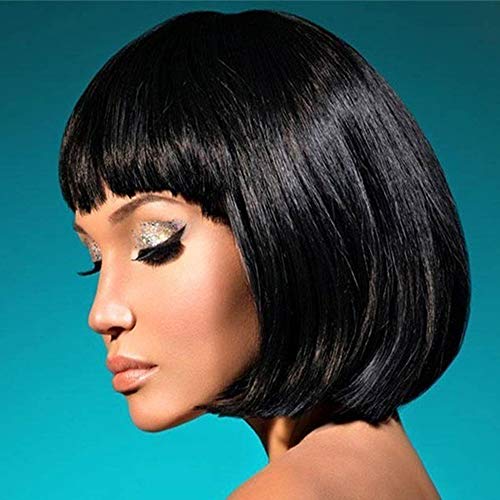 Andoer Mulheres curtas perucas de renda de seda de alta temperatura para menina peruca preta reta de