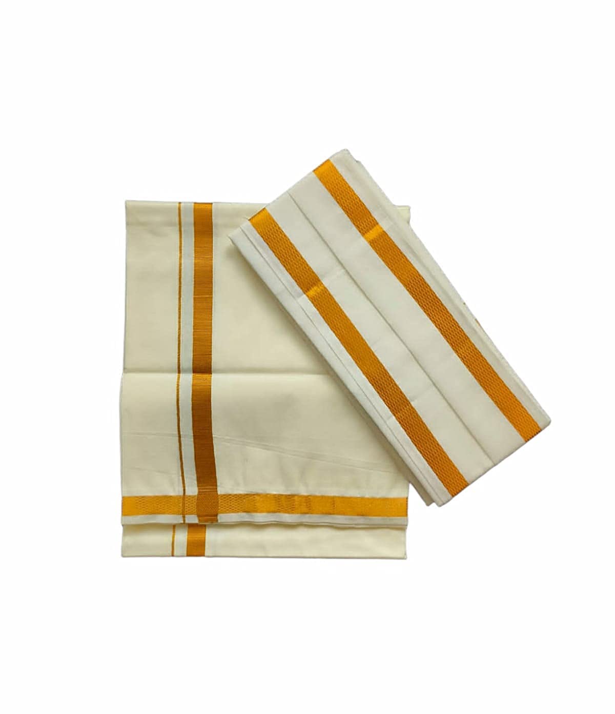 Kolakeer™ Men's Cotton Kasavu Dhoti and Angavastram Set - 2.0 Mtrs Veshti Mundu and 1.8 Mtrs Angavastram with Gold Zari Border (30K Dhoti - 30K Angavastram, Cream)