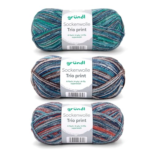 Gründl Wolle Sockenwolle Trio - Strickgarn für 3 Paar Socken - Strapazierfähig und hautfreundlich - 75% Schurwolle, 25% Polyamid - 3 Knäuel 100 g / 420 m - Nadelstärke 2,5-3 - blau kupfer
