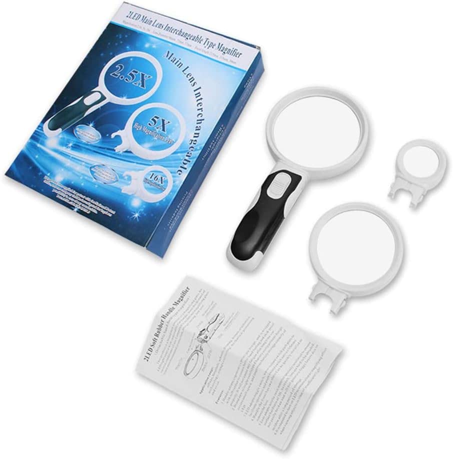 Lupas de Mano Lupa iluminada para Lectura con 3 Lentes Intercambiables 2.5X 5X 16X para Personas Mayores y niños Joyería Pasatiempos Matrimonio