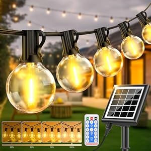 Dimmable Solar Outdoor String Lights – 30M/100FT G40 Solar Powered Garden Lights 38+2 LEDs, Remote 3 Timer 8 Modes Waterproof Outside Festoon Lights for Gardens Patios Fences Pergolas