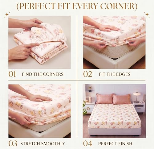 Image of HOMEKART Cotton Contrast Fitted Bedsheet for King Size Bed 72x72+10 Inch with 2 Pillow Covers 17x27 Inch | All Round Elastic | TC 144 Soft, Breathable Floral Printed Bedsheet (Rose Aura)