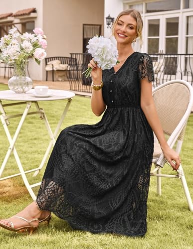 GRACE KARIN Women's V-Neck A-Line Elastic Waist Short Sleeve Lace Dresses - Image 5