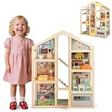 HOMASIS Puppenhaus inkl. komplettem Möbeln & Zubehör, Bunt Puppenstube Holz, Puppenvilla mit 3...