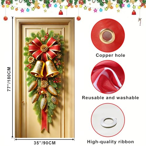 Image of Vertical Pine Swag Door Cover, Red Bow Gold Bell Christmas Front Door Decorations, Pine Cone Holiday Door Banner, Tall Winter Home Entrance Decor, 35.43 x 70.87 Inch
