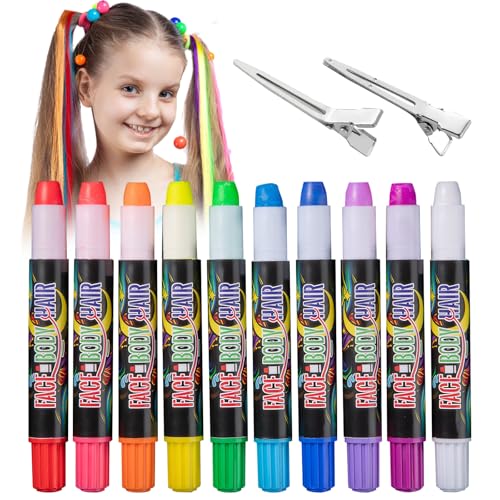 Tizas para el pelo para niños, 10 colores, tizas para el pelo para niños, niñas, color de pelo para niños, lavable, tiza, con 2 clips, adecuada para fiestas de carnaval