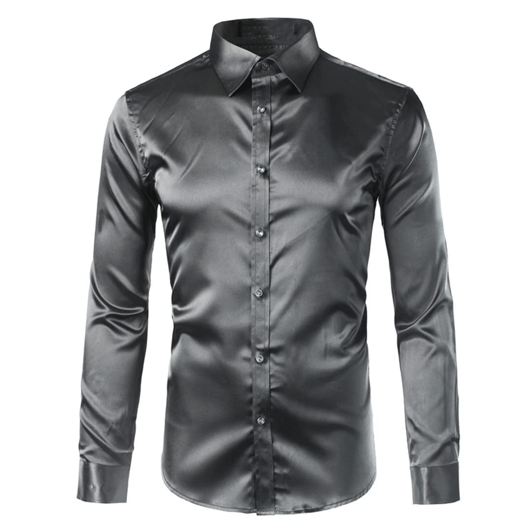 Chemise en satin pour homme - Décontractée - Manches longues - Coupe ajustée - Pour le travail, le mariage, Gris foncé., XXL