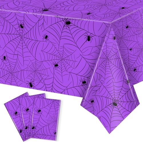 Image of Miucat 3Pcs Halloween Tablecloth - Spider Web Table Cloth, Plastic Disposable for Party Decorations 54 inch x 108 inch (Purple)