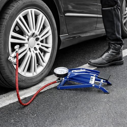 Image of High Pressure Foot Pump, Bike Motorbike Inflation Pump with Pressure Gauge, Foot Pedal Inflator, Single Barrel Cylinder Air Pump, 30 cm, Blue