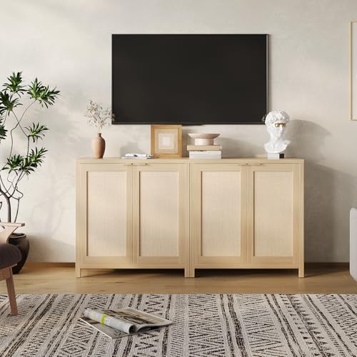 Image of Farmhouse Rattan Buffet Cabinet with Storage, 34.3 inch Accent Sideboard with Adjustable Shelves, Kitchen Console Table for Living Room, Dining Room & Entryway