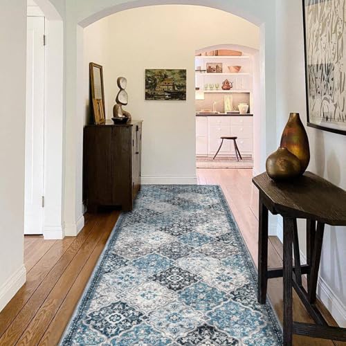 KILOCOCO 3x8 Runner Rug, Moroccan Super Soft Washable Hallway Entryway Runner Rug, Accent Print Faux Wool Kitchen Runner Rug Non-Slip Runners Boho Rug Runners for Laundry Room Bedroom, Blue/Multi