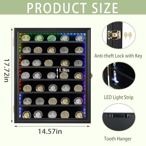 Image of Jinchuan LED Military Challenge Coin Display Case - Lockable Cabinet Rack Holder Shadow Box with Removable 2 Grooves Shelves and Acrylic for Casino Poker Chips Collectibles, Large - Black with LED