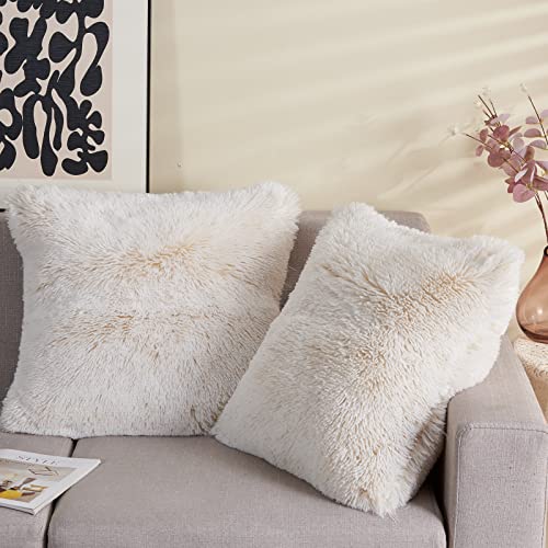 GONAAP Faux Fur Throw Pillow Cover Decorative Pillowcase Cushion Cover for Sofa Bedding Car 18x18 Inch (Ivory, 18x18 Inch (Pack of 2))