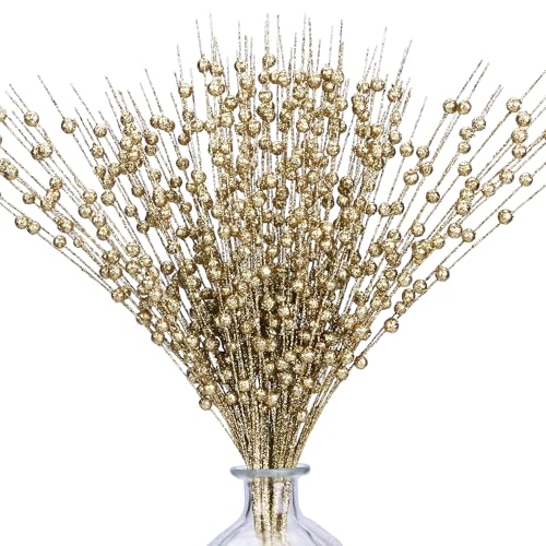 efivs arts 10 Pack Golden Artificial Glitter Berry Stems 15.7" Fake Christmas Picks Decorative Glitter Sticks for Christmas Tree DIY Wreath Crafts Fireplace Decor