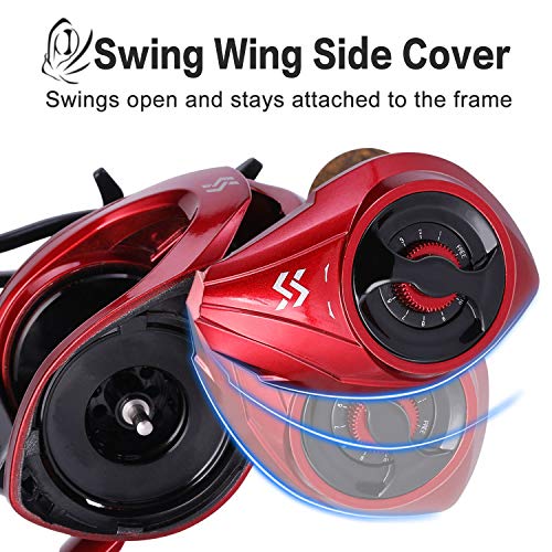 Sougayilang Baitcasting Reel, 8.0:1 Gear Ratio, 10+1 Stainless Steel Bearings, Magnetic Braking System, Right Hand, Red - Image 4