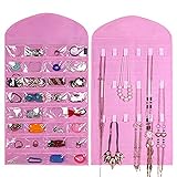 Supertech Jewelry Hanging Organiser 32 Pockets 18 Hook and Loops Double-Sided Jewellery Earrings Necklace Wardrobe Storage Organiser Accessory Holder Storage Bag,Pink