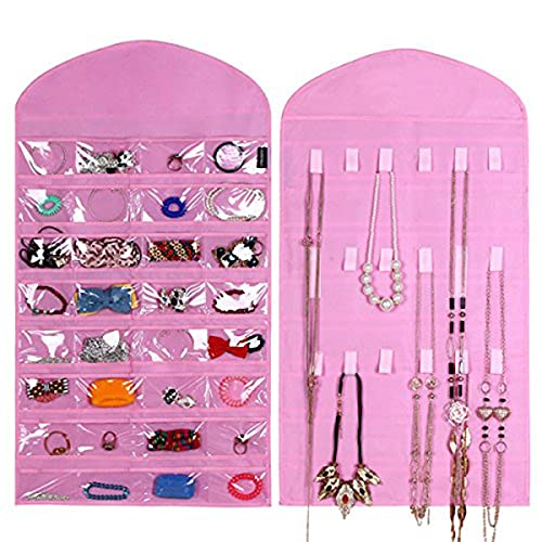 Supertech Jewelry Hanging Organiser 32 Pockets 18 Hook and Loops Double-Sided Jewellery Earrings Necklace Wardrobe Storage Organiser Accessory Holder Storage Bag,Pink
