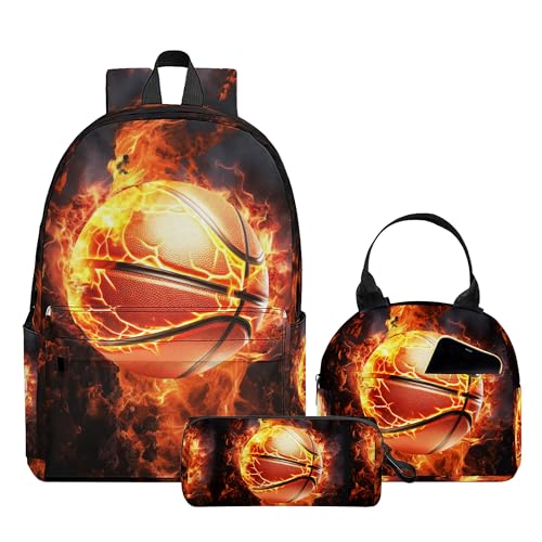 3PCS Backpack for Boys Girls Back To School, Kids Backpack for Teens Elementary Middle High School Students, Large Capacity 17 Inch Bookbags with Lunch Box and Pencil Case (Basketball)