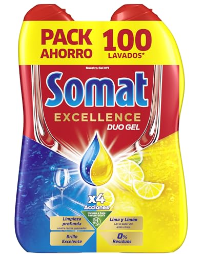 Somat Excellence Gel Lima y Limón (100 lavados), lavavajillas líquido automático en botella, detergente desengrasante, elimina la suciedad incrustada