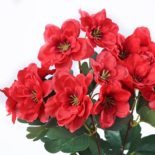 Image of YXZZWL 16 Bundles Artificial Flowers for Front Door, Fake Silk Azalea Bouquet Silk Flowers for Outside UV Resistant Realistic Faux Plants for Planter Farmhouse Patio Garden Walkways Home Decor (Red)