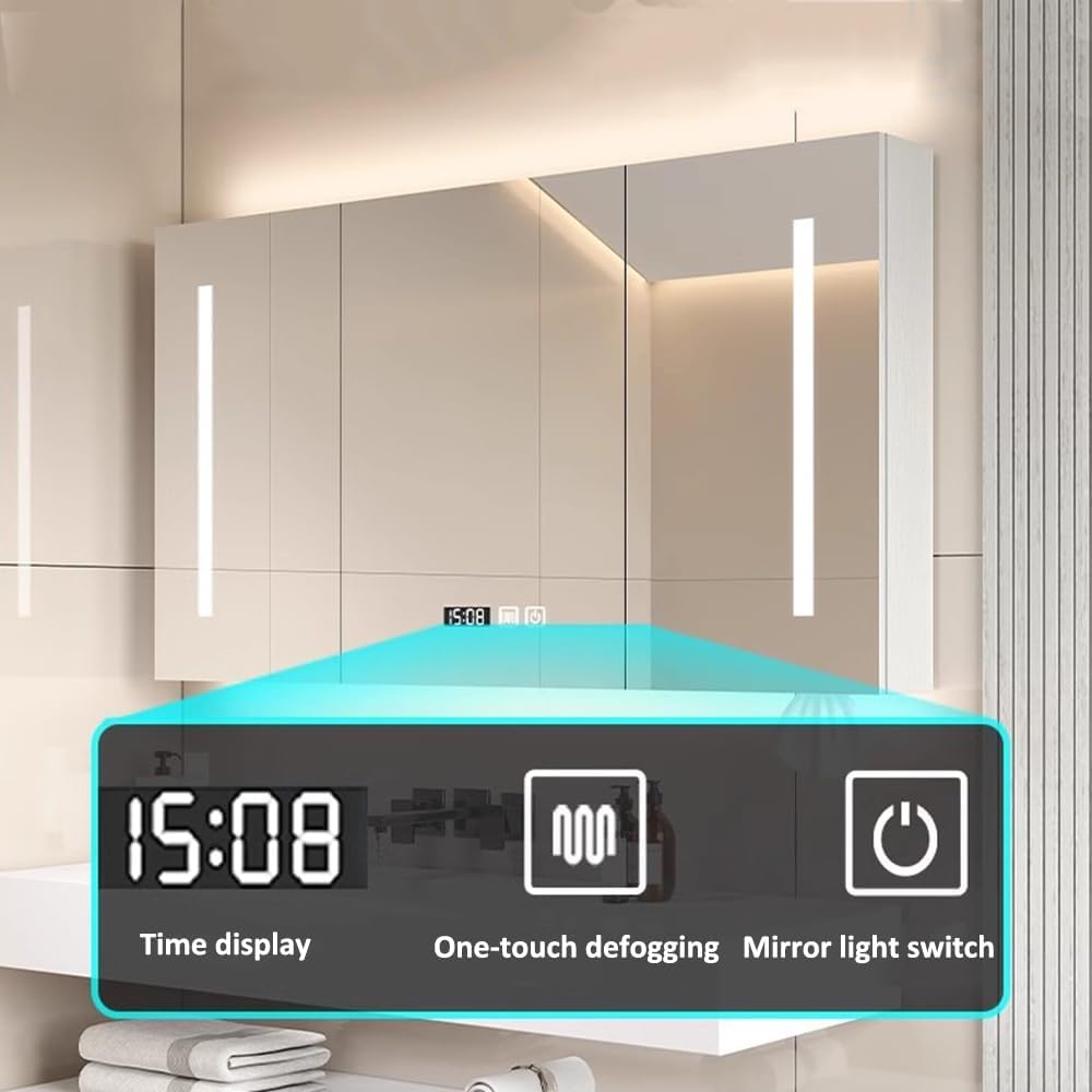 Armadietto da bagno a LED con specchio a 3 ante, anti-appannamento, espositore per orologio, porta asciugamani, design moderno (dimensioni: 80 x 12 x 70 cm) – soluzione di archiviazione elegante e