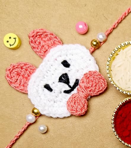 Image of Designer Bunny Bear Crochet Rakhi Made With Soft Cotton Thread | Bunny Bear Rakhi For Kids