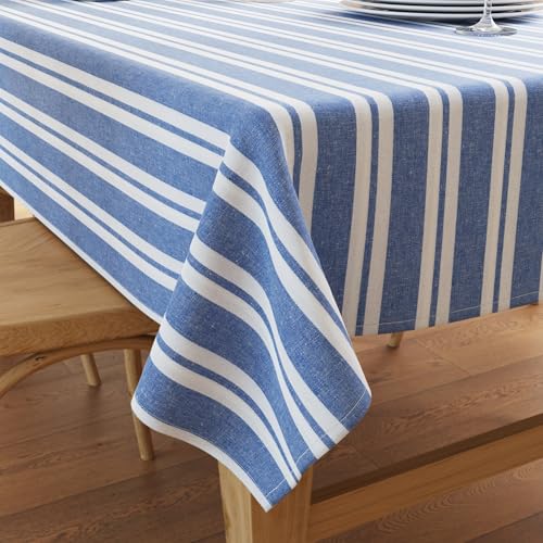 Image of Encasa XO Cotton Rectangular Table Cloth for 4 to 6 Seater | (140x180 cm) | Franca Blue Stripes | Dining Tablecloth for Decoration