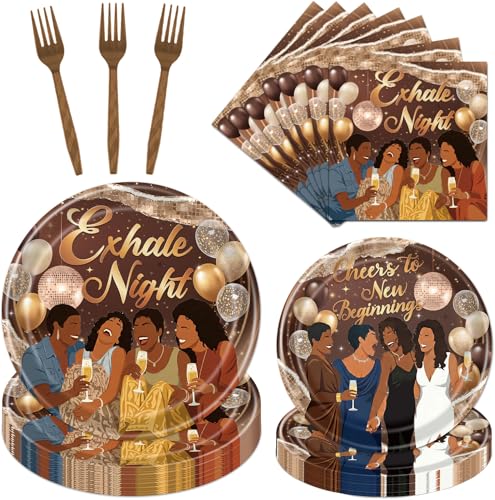 Elomy Exhale Night Party Decorations 96PCS Luxury Brown Gold Girls Night Disposable Paper Plates and Napkins Decoration Elegant Women Silhouette Forks Party Decor for Girls Women Birthday Serve 24