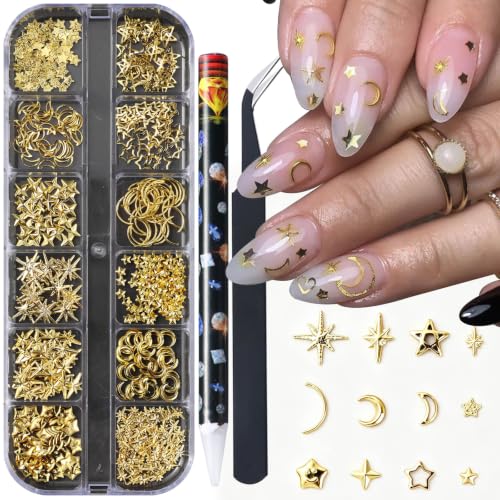 Gold 3D Nail Art Charms, Mini Metal Star Moon Nail Charms Metallic Studs Nail Rivets Jewelry, Mixed Sizes Alloy 3D Metallic Studs,12-Grid Box with Pickup Pencil and Tweezers