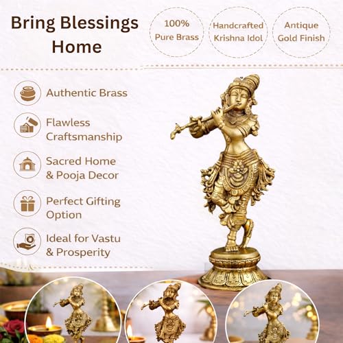 Image of 100% Pure Brass Lord Krishna Idol with Flute (23 cm) | Shree Lord Krishna Statue for Home Decor | Kanha Ji ki Murti for Office Desk | Sri Krishna Idols Gift for House Warming