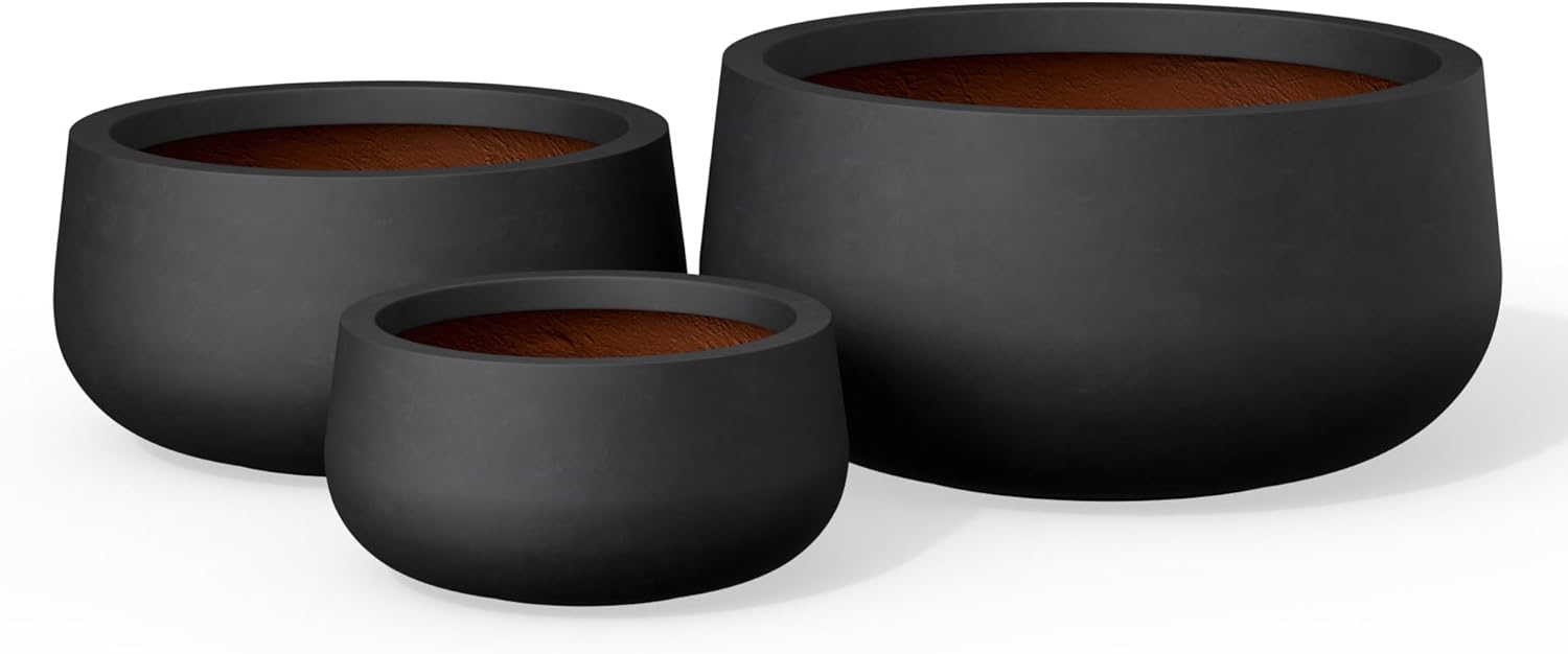 Kante 11.8 Inch-Dia Round Concrete Bonsai Planter with Drainage Hole, Large Plant Pot for Indoor Outdoor Plants, Suitable for Patio, Garden, Home, Black Finish with Painted Interior