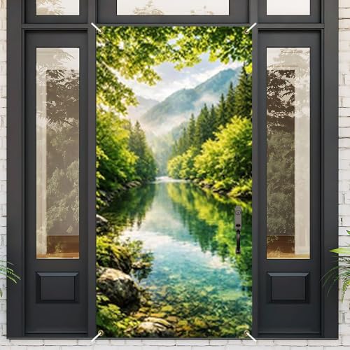 Image of Forest Mountain Lake Door Cover Nature Front Door Banner Decor
