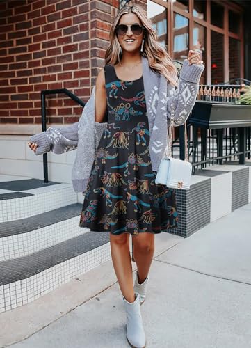 Image of uideazone Women Funny Print Sleeveless U Neck A Line Casual Midi Dress | Soft Stretchy Breathable Fabric Flared Swing Sundress Fitted Waist for Daily Wear 80 /90s Themed Party Beach Vacation Trips