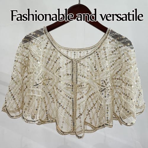 Vintage Lace Beaded Shawl, Soft Mesh Fringe Wraps, 1920s Shawl Wraps Sequin, Soft Mesh Fringe Cape3