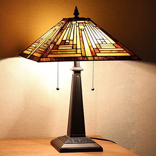 Cotoss Tiffany Table Lamp 16" Wide Handmade Stained Glass Lamp Shade 2 Light Amber Mission Style Vintage Table Lamp for Living Room Bedroom