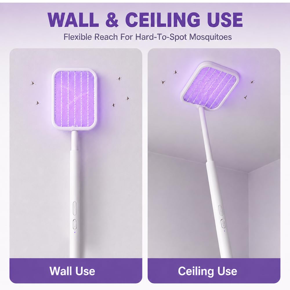Elektrische Fliegenklatsche, SGZIOO Faltbar Fliegenklatsche Elektrisch mit Teleskopverlängerung und Sockel, Electric Fly Swatter mit UV Mückenfalle, 1200 mAh Wiederaufladbar, für Drinnen und Draußen
