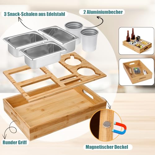 Puosike Couchbar Snackbox, Couch Bar Organizer Tablett, Holz Sofatablett mit Getränkehalter, Snackspender mit 3X Snackschalen, 2X Tasse- Geschenke für Männer Frauen
