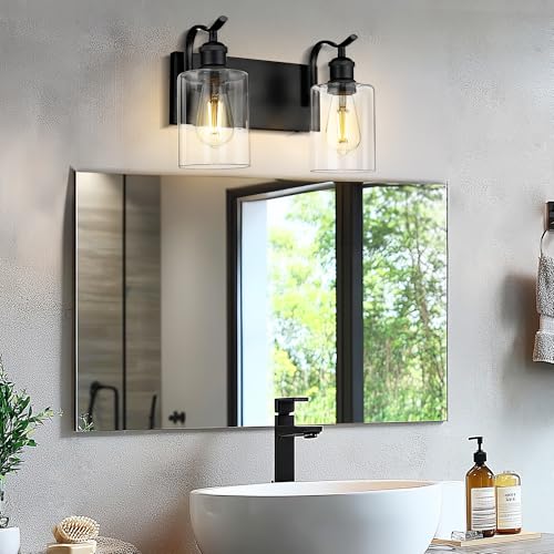 Image of 2-Light Black Bathroom Light Fixture Over Mirror, Modern Vanity Light, Clear Glass Wall Sconce, VL01BK-2