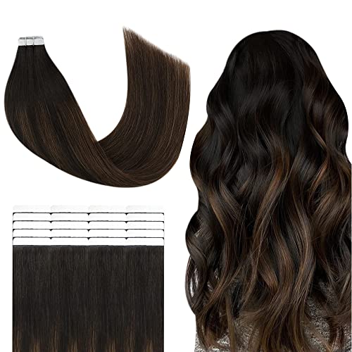 YoungSee Tape in Hair Extensions Human Hair Brown Skin Weft Human Hair Tape in Extensions Ombre Darkest Brown to Medium Brown Balayage Real Remy Tape in Human Hair Extensions 14inch 20pcs 50g