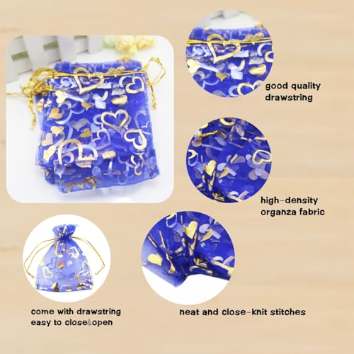 Image of 100 pcs 3.5 x 4.7 Inch Flower Heart Organza Jewelry Gift Pouch Candy Pouch Drawstring Wedding Favor Bags X92 (royalblue gold heart)