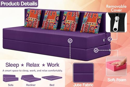 Image of Rosebell Four Seater Foldable Sofa Cum Bed (6x6 Feet) ? Jute Fabric, Washable Removable Cover, Includes Cushion | Space Saving Convertible Sofa Bed for Home, Office & Guests - Purple