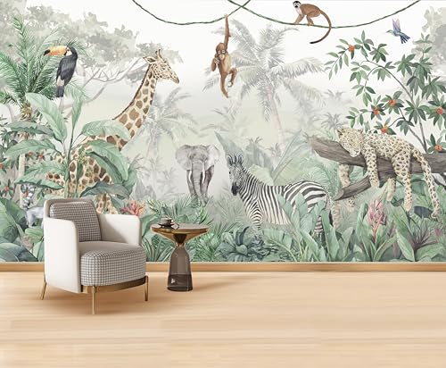 MWSSEGGE Papier Peint Panoramique Jungle Papier peint Animaux Tropical Papier peint Intissé Motif Girafe, éléphant, Singe, Léopard papier peint chambre...