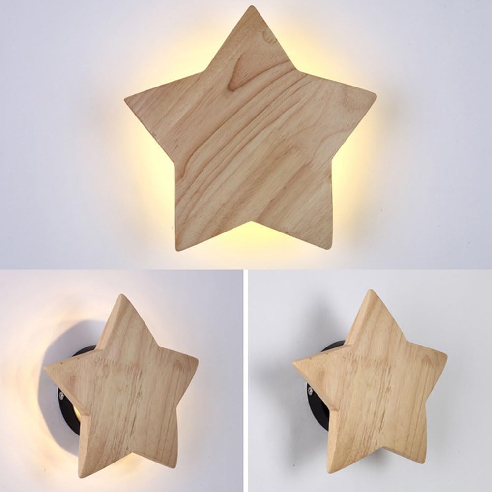 Drewniana Lampa Ścienna LED Wewnętrzna Lampka do Pokoju Dziecięcego Gwiazda Dekoracyjna Lanca Ścienna O Drewnianym Wyglądzie Lampka Nocna Ciepłe Białe Światło Chłopiec Dziewczynka,22CM