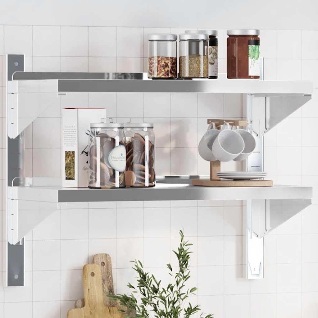 Estantería de pared con 2 estantes, 75 x 30 x 60 cm, acero inoxidable plateado, resistente a la corrosión, montaje en pared, para cocina o garaje